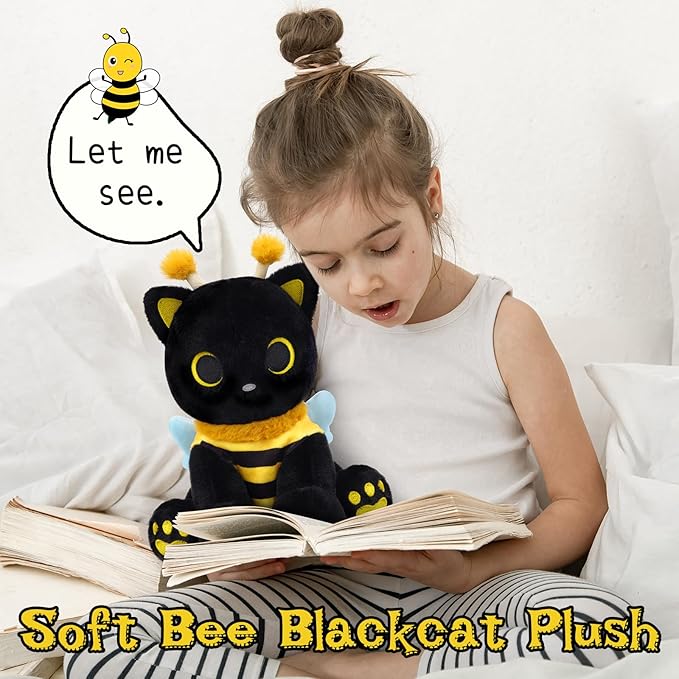 Cat Bee Plush, 8inch Kawaii Black Cat Plush with Honeybee Outfit Costume, Cute Plushies Kitten Stuffed Animal Soft Huggable Plushies Toy for Kids Christmas, Birthday Gifts