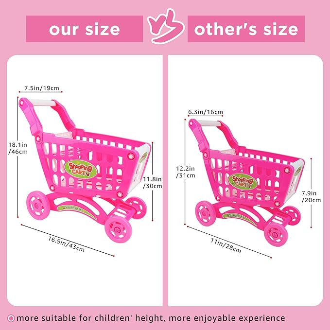 deAO Kids Shopping Cart with Food Shopping Trolley Basket for Toy Shop Kitchen 65 PCS Play Food Role Play Educational Toy (Pink)