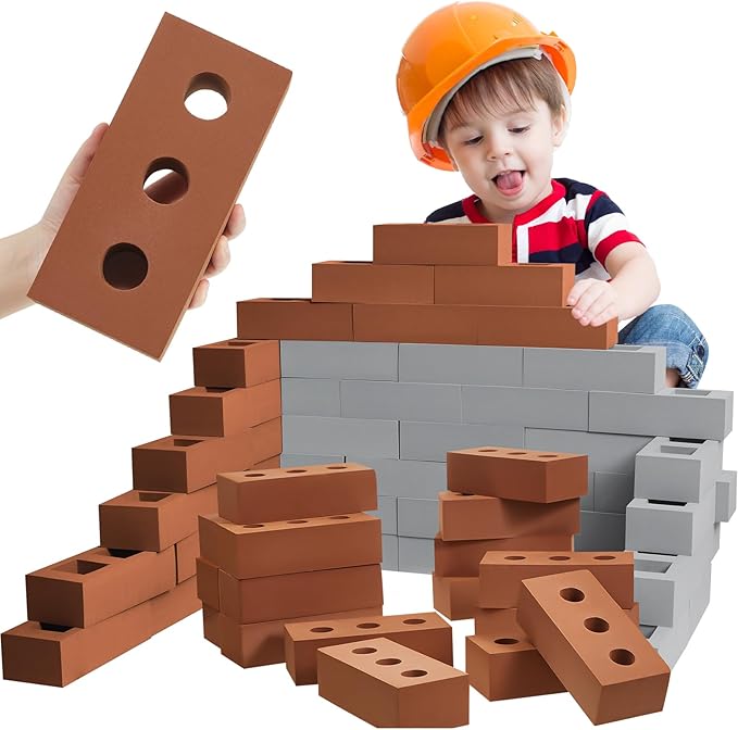 Deekin 30 Pcs Foam Brick Building Blocks for Kids Thick Blocks Foam Large Fake Brick Construction Toy for Stacking Construction, 8 x 4 x 2.4 in(Square Circle Holes)