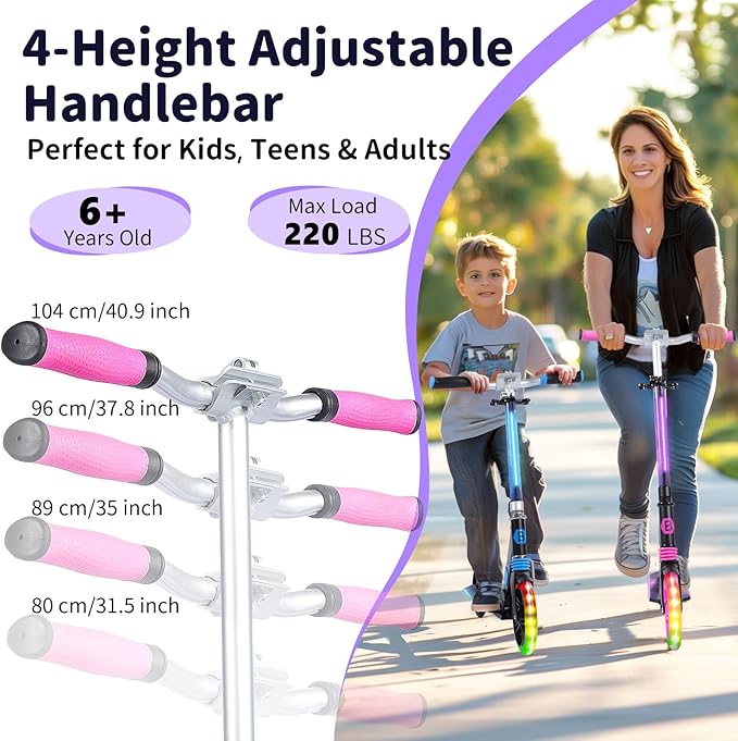BELEEV V8 Scooters for Kids Ages 6+ with Light-Up Deck, 2 Wheel Folding Scooter for Adults Teens, 4 Adjustable Height, Lightweight Sport Commuter Scooter, Sturdy Frame, Max Load 220 lbs
