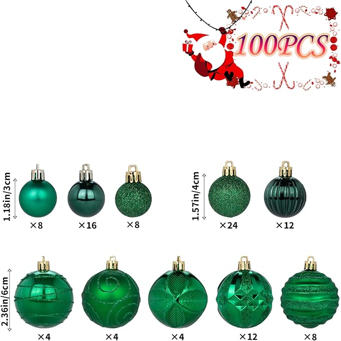 100Pcs Christmas Ball Ornaments Set, Shatterproof Plastic Dark Green Christmas Ornaments for Xmas Tree, Assorted Baubles Hanging Decorations for Holiday/Party/Wedding