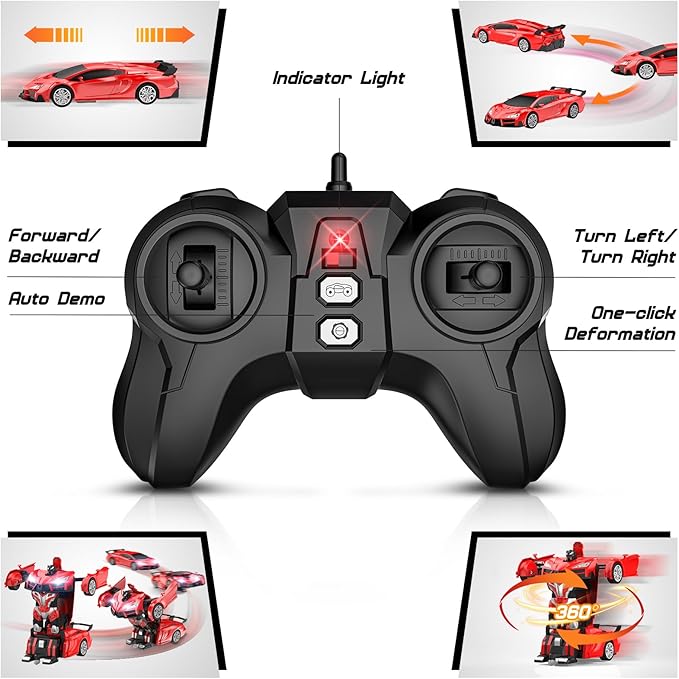 Remote Control Car,Transform Robot RC Cars with Cool LED Headlights, 2.4Ghz Toys Car with 360 Degree Rotation and One-Button Deformation, Christmas Birthday Gifts for Boys Girls(Red)