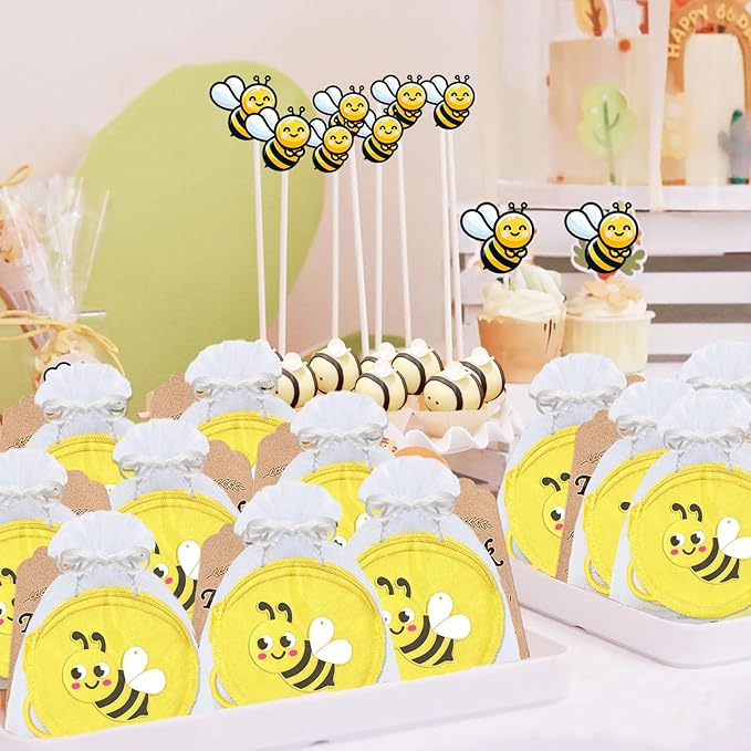 36 Pack Bee Change Coin Purses Set Include 12 Bee Wallets with Keyrings, 12 Thank You Tags and 12 Organza Bags for Honey Bee, Bumble Bee, Mommy to Bee, Baby to Bee, Birthday,Yellow