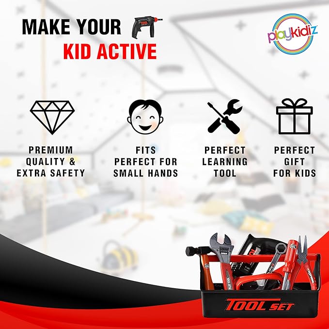 Playkidz Tool Box for Kids 22-Piece Boys & Girls Construction Toy Playset w/Carry Chest, Working Push Button Power Drill, Hammer, Screwdriver, Wrench, Pliers, Saw & Other Realistic Tools Ages 3+