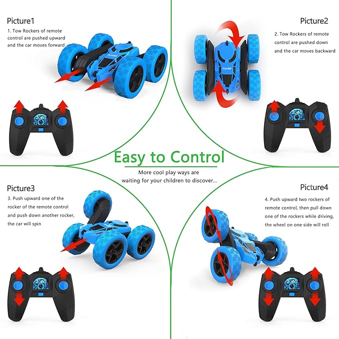 Remote Control Car Double Sided 360°Rotating 4WD RC Cars with Headlights 2.4GHz Electric Race Stunt Toy Car Rechargeable Toy Cars for Boys Girls Birthday (Blue)