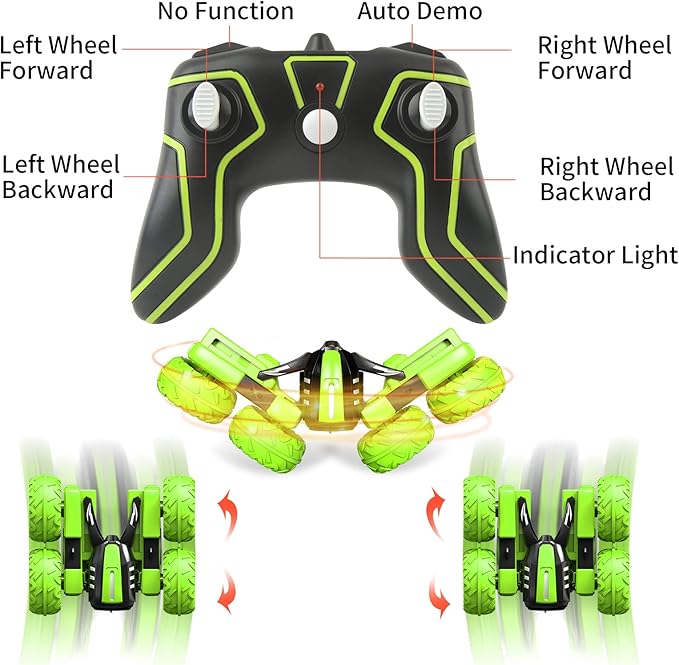 Remote Control Car for Kids 3-12 Years Old, Birthday Gift Toy for Boys Age 4 5 6 7 8, RC Car Stunt with Light 4WD Double Side Racing Vehicle 360° Flips Offroad Indoor Outdoor Sand Grass Garden Green