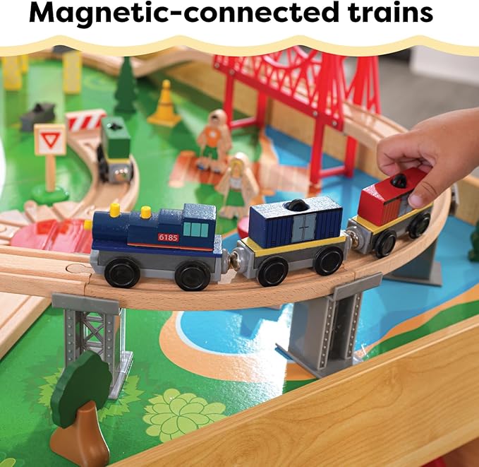 KidKraft Waterfall Mountain Wooden Train Set & Table with 120 Pieces, 3 Storage Bins