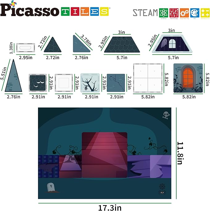 PicassoTiles Haunted House Theme Magnet Tile Building Blocks 8 Action Figures Magnetic Construction Toy Double Sided Printing Education STEM Learning Playset Halloween Adventure Kid Ages 3+ PTQ03