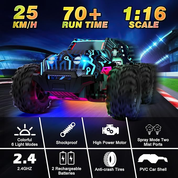 BLUEJAY 2.4GHz High Speed RC Car, Offroad Monster Hobby Racing Car with LED Colorful Bodylight and Rechargeable Battery, Kids Toy Gifts 3-8 Years