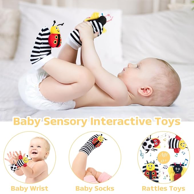 Baby Gift Set for Newborn, Bee Basket, High Contrast Baby Book Toys 0-6 Months Infant Rattle Socks Blanket Hat Onesie Baby Gifts Essentials for Girls Boys