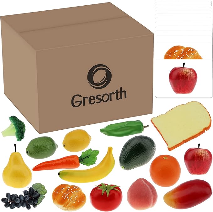 Gresorth 32pcs Play Food with Matching Card Toy Food Set Artificial Fruit Vegetable Realistic Bread Decoration for Toddlers Kitchen Preschool Learning