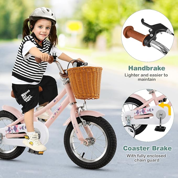 BABY JOY Retro Kids Bike, 12 14 16 18 Inch Child Bike for 3-8 Years Old w/Rattan Basket, Adjustable Height, Training Wheels, Fenders, Handbrake Coaster Brake, 95% Pre-Assembled Kids Bicycle for Girls