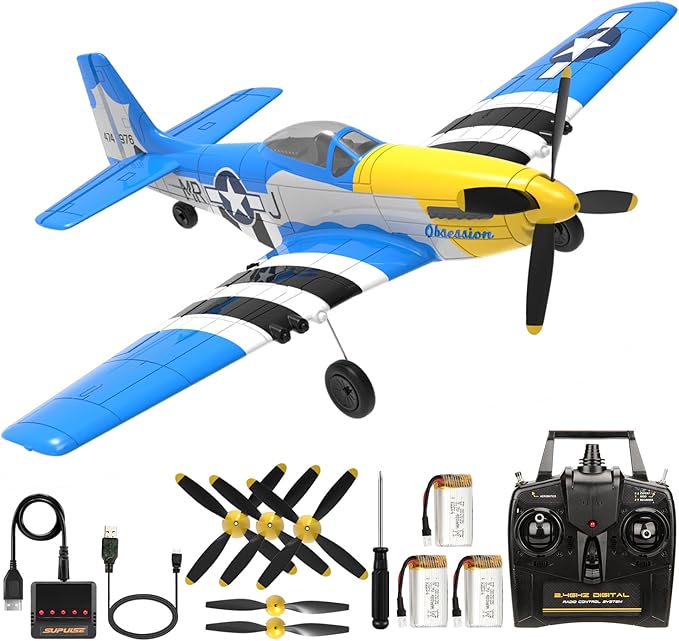 RC Plane for Adults and Kids, 4 Channel Hobby Remote Control Airplane P51 Mustang Fighter with 6-Gyro System for Beginners Learning to Fly