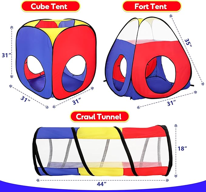 3-in-1 Kids Play Tent with Play Tunnels and Ball Pit, Pop Up Toddler Tent for Boys and Girls, Indoor and Outdoor Playhouse, Gift Idea