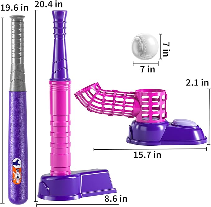 TEMI 2 in 1 Tee Ball Set for Kids 3-8, Kids Baseball T-Ball Set with 10 Balls, Step on Pitching Machine, Batting Tee, Outdoor Sport Toy Games for 3-12 Year Old Boys Girls Toddler
