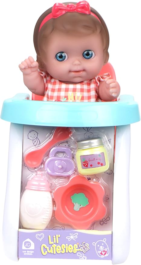 JC Toys Lil Cutesies 9" All Vinyl Baby Doll Feeding Time Gift Set| Posable and Washable | Removable Outfit | High Chair and Feeding Accessories Ages 2+