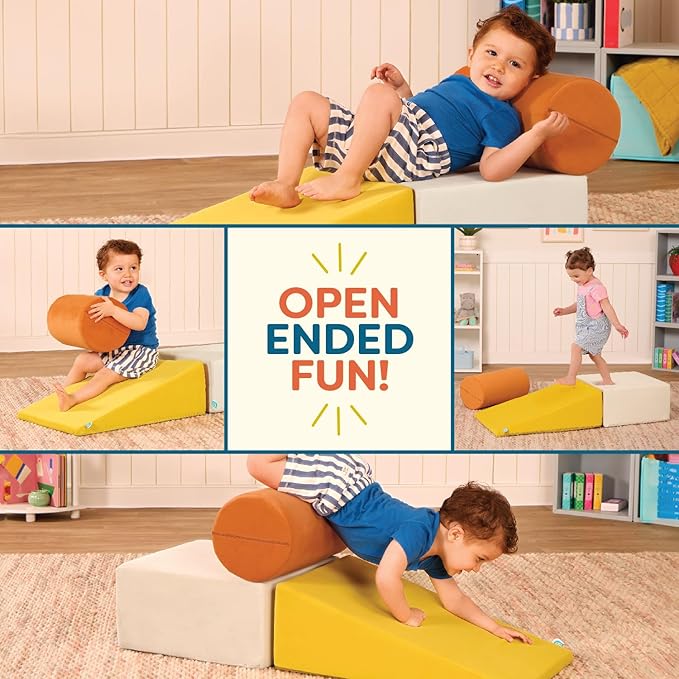 B. toys - Sensory Foam Building Blocks for Toddlers & Babies - 3-Piece Climbing Set with Cylinder, Ramp & Block - Machine Washable Covers with Easy-Grip Handles - Indoor Play Shapes for 12+ Months