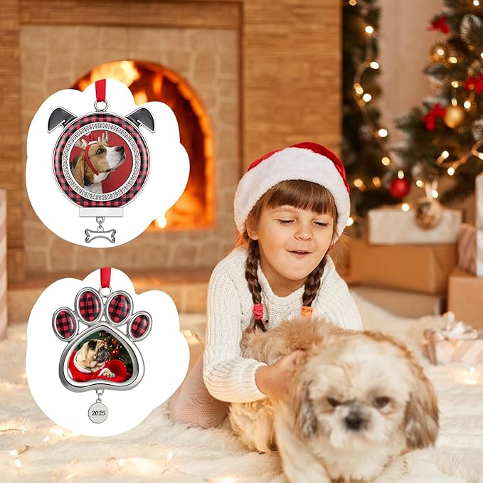 2PCS Dog Christmas Picture Frame Ornaments, 2025 Dogs Paw Photo Frames Xmas Puppy Ornament Home Decoration Keepsake for Pet Memorial Gifts, Animal Lovers Gift, Pets Owner Presents