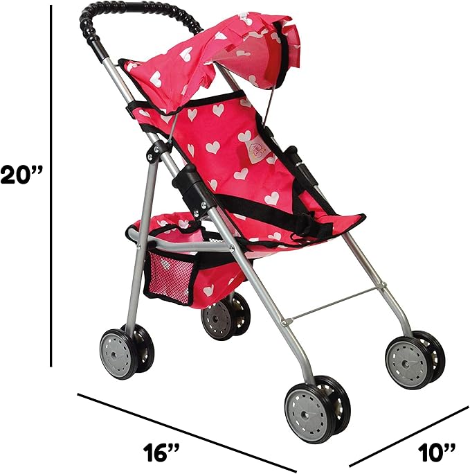 The New York Doll Collection My First Doll Stroller with Basket & Heart Design Foldable Doll Stroller, Pink