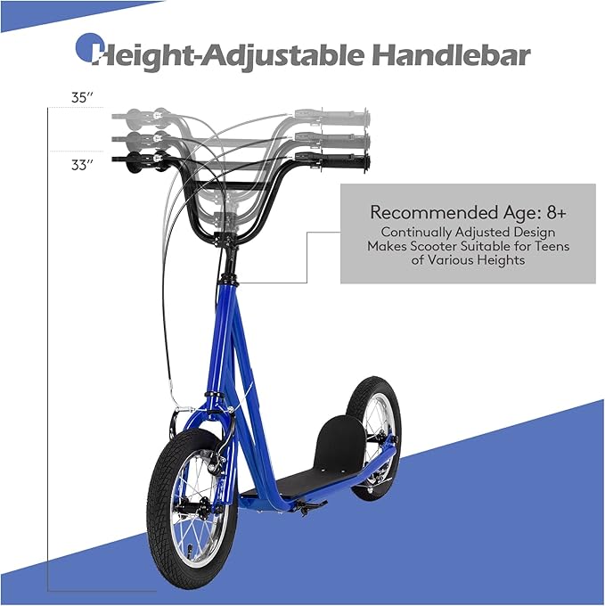 Goplus Youth Kick Scooter, Kids Kick Scooter W/ 12-Inch Air Filled Wheels, Carbon Steel Frame, Adjustable Handlebar, Front and Rear Dual Brakes, Ride On Toys for Adults Teens 8+