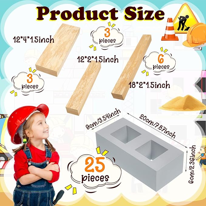 Deekin 25 Pcs Foam Brick Building Blocks and 12 Pcs Wooden Beam Foam Thick Cinder Blocks Large Fake Brick Builders Set for Construction and Stacking(Gray)
