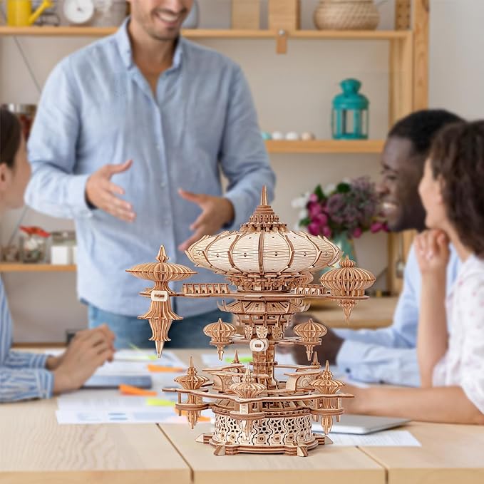 3D Wooden Puzzles for Adults, SkyCity Music Box Model Kit, 600+ Pcs Cityscape Design, Challenging Mechanical DIY Craft, STEM Toy and Unique Gift for All Occasions