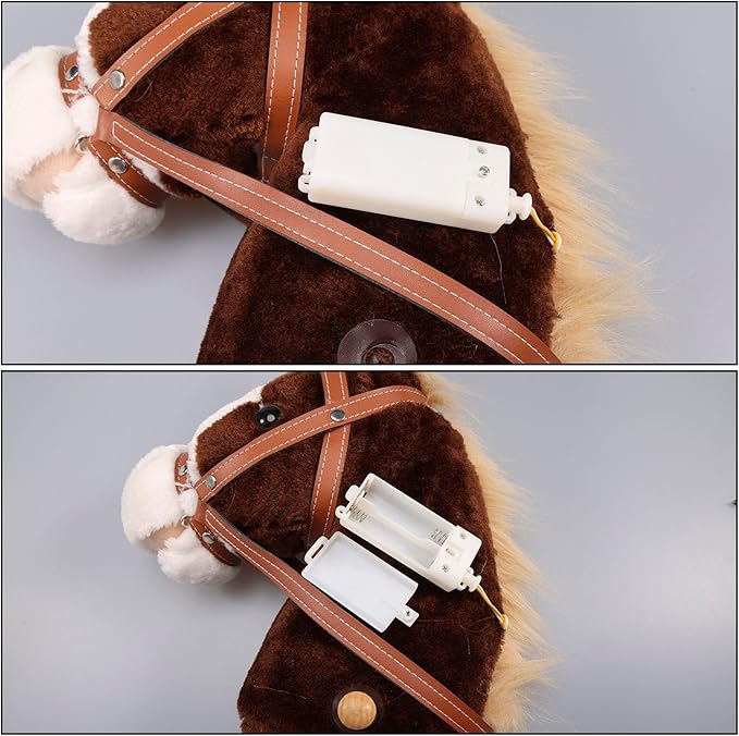 Plush Stick Horse with Wood Wheels Real Pony Neighing and Galloping Sounds Toy, Horse on A Stick Provides Fun Pretend Play for Toddlers & Preschoolers (AA Batteries Required)