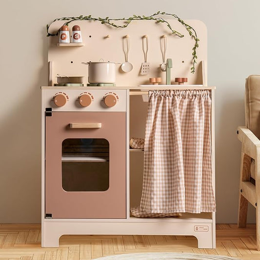 ROBOTIME Kids Play Kitchen Set - Rustic Wooden Kitchen Sets, Pretend Play Kitchen with Leaf Light String, Apron, and Groves, for Toddlers 3+ (Rustic Style)