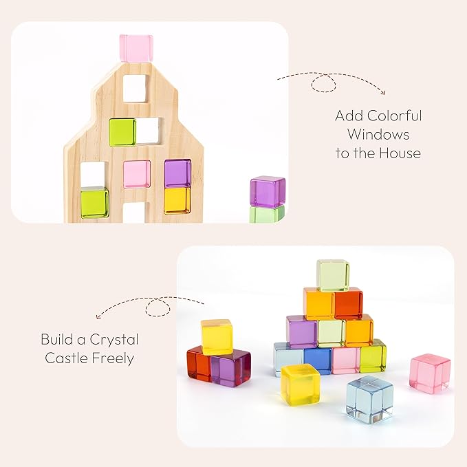 Wooden Building Blocks Set for Kids, 36 PCS Rainbow Acrylic Gem Cubes Blocks - 3 Wood House, Montessori Stacking Toy for Toddlers, Educational STEM Easter Toys for Boys Girls 3-6