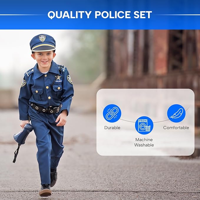 Dress Up America Police Costume for Kids – Realistic Cop Uniform with Shirt, Pants, Hat & Accessories - Halloween Costume