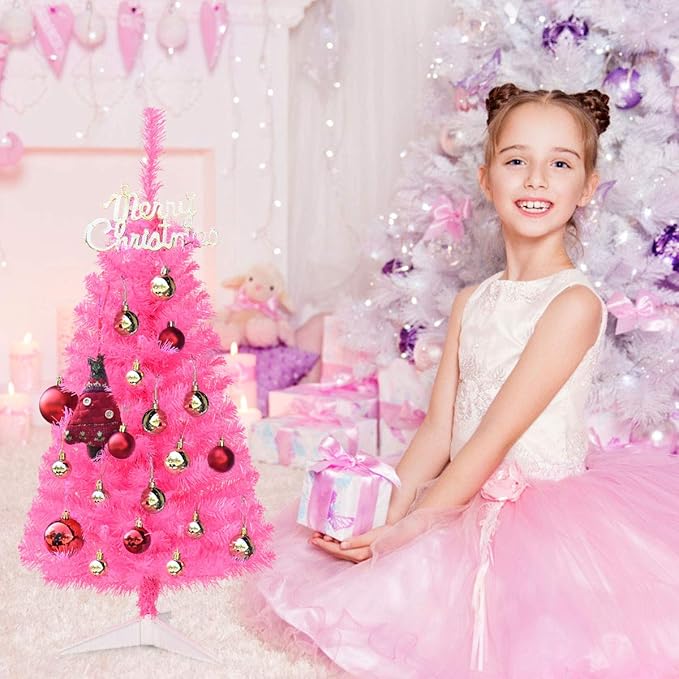 GOLFLAME 3FT Artificial Christmas Tree, Premium Mini Xmas Pine Tree with Stand Base Thicken Tips, Great Holiday Decoration (Pink)