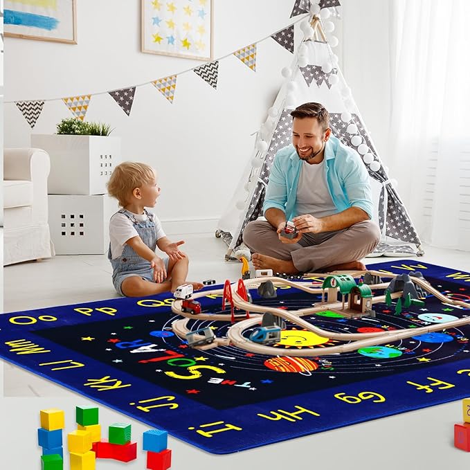 Solar System Kids Area Rug 5x7 Outer Space Rugs Ultra Soft Low Pile Universe Planet Theme Kids Play Mat Non Slip ABC Alphabet Educational Toddler Carpet for Classroom Bedroom Playroom Blue