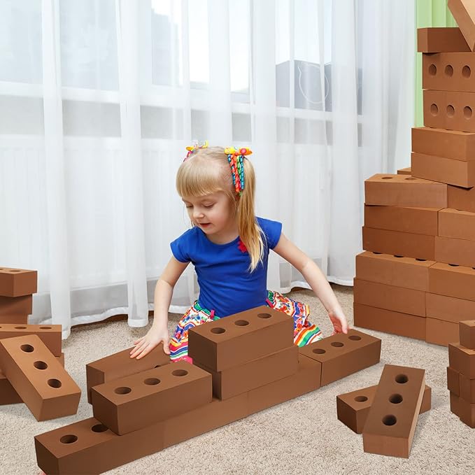 Deekin 30 Pcs Foam Brick Building Blocks for Kids Thick Blocks Foam Large Fake Brick Construction Toy for Stacking Construction, 8 x 4 x 2.4 in(Circle Holes)