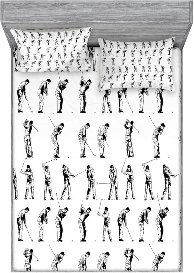 Ambesonne Golf Fitted Sheet & Pillow Sham Set, Golf Swing Shown in 14 Stages Sports Hobby Themed Sketch Art Storyboard Print, Decorative Printed 3 Piece Bedding Decor Set, Full, White Charcoal