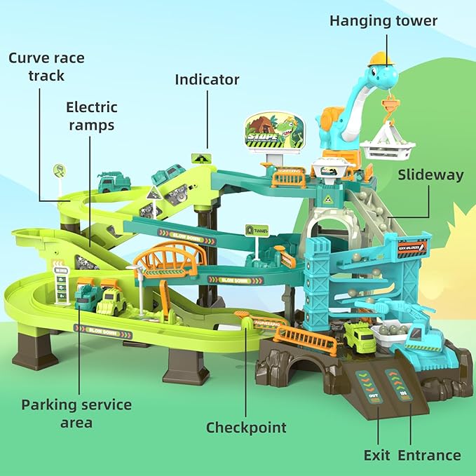 66PCS Dinosaur Engineering Adventure Track Set for Kids 3+,Electric Climbing Ladder Rotating Crane, Interactive Construction Playset with Music, 4 Mini Cars & 2 Dinosaur Figures, Ideal Gift
