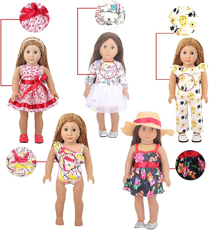 10 Sets of 18 Inch American Doll Clothes, Including 10 of Doll Clothing Dress Outfits for American Dolls, Birthday Gifts for Kids