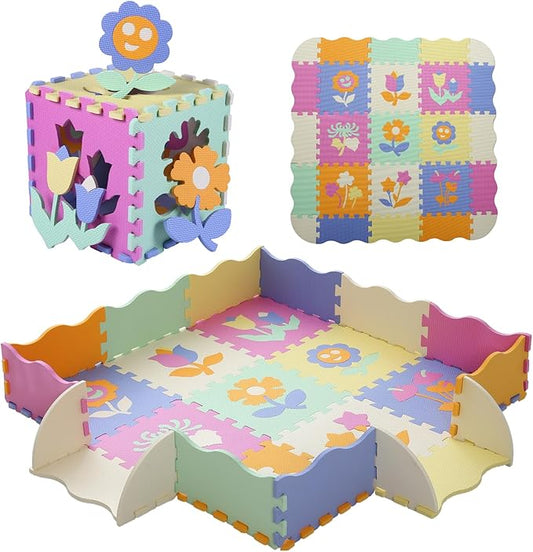Foam Play Mat for Kids,25Pcs Square Interlocking Puzzle Floor Mat,Baby Play Mat Floor Mat Foam Puzzle Playmat for Toddlers with Fence(Flower-CSH037