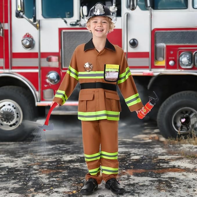 yolsun Fireman Costume for Kids, Boys' and Girls' Firefighter Dress up, Fire Fighter with Toy Accessories Halloween Role Play