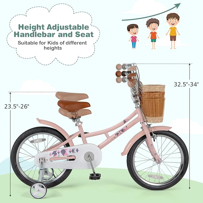 BABY JOY Retro Kids Bike, 12 14 16 18 Inch Child Bike for 3-8 Years Old w/Rattan Basket, Adjustable Height, Training Wheels, Fenders, Handbrake Coaster Brake, 95% Pre-Assembled Kids Bicycle for Girls