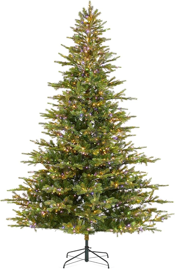 Glitzhome Artificial Christmas Tree, 9ft Vibrant Evergreen Fir Christmas Trees Prelit with 2000 Warm White/Multi-Color Horse Race LED Lights, 9 Function w/Foot Pedal and Remote Control,Easy Assembly