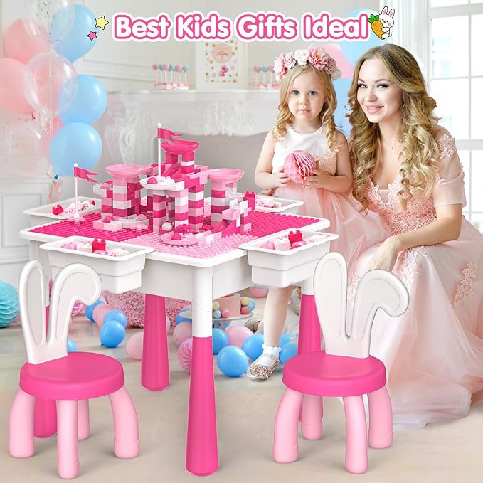 Kids Toddler Table and Chair Set: Water Activity Table With 152Pcs Large Marble Run Building Blocks, 2 Rabbit Chairs, Storage All in One Play Sensory Sand Table - 3-10 Year Old Girl Toys Gifts