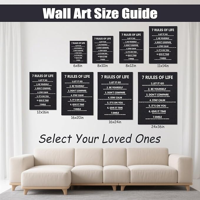 7 Rules of Life Motivational Wall Decor Inspirational Wall Art for Office & Home - Positive Quotes Canvas Prints Ready to Hang, Uplifting Wall Decor for Living Room, Bedroom or Office Wall Art