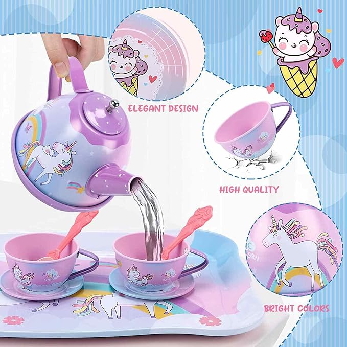 19Pcs Unicorn Toys Tea Party Set for Little Girls, Birthday Gift for Age 3 4 5 6 Year Old, Princess Tea Time Set Toys for Little Girls, Kids Toddlers Kitchen Pretend Toy with Tin Tea Set