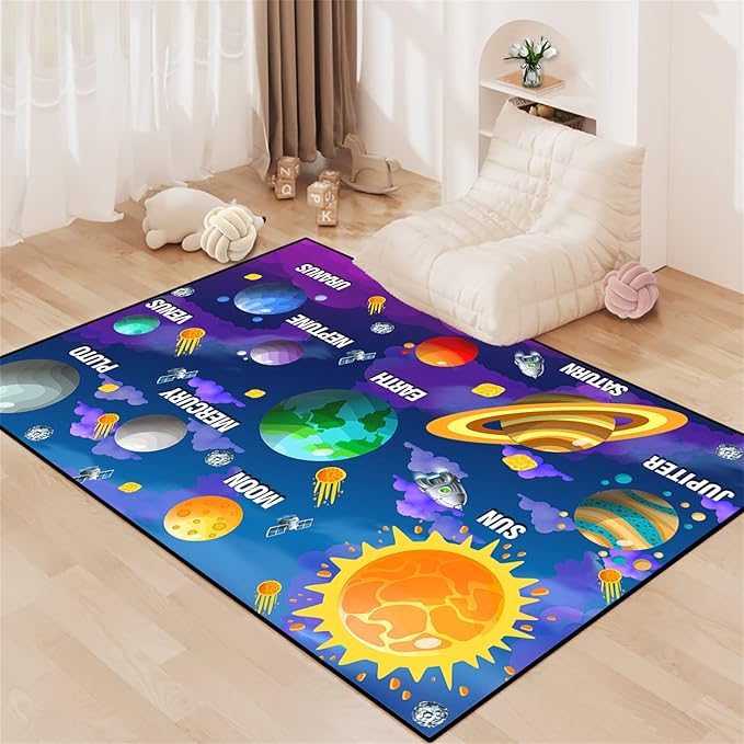 Universe Planet Area Rugs Outer Space Rugs for Boys Bedroom Educational Sofa Floor Mat Galaxy Solar System Theme Throw Rugs for Indoor Outdoor Carpets Crystal Polyester Mats Oversized, 5'×7'