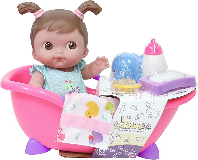 JC Toys Lil Cutesies 9" All Vinyl Baby Doll Bath Time Gift Set| Posable and Washable | Removable Outfit | Baby Bath and Accessories Ages 2+