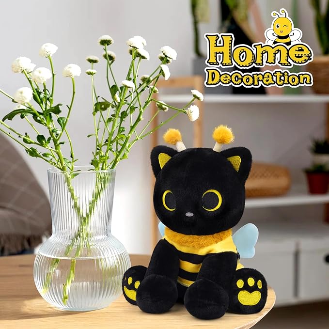 Cat Bee Plush, 8inch Kawaii Black Cat Plush with Honeybee Outfit Costume, Cute Plushies Kitten Stuffed Animal Soft Huggable Plushies Toy for Kids Christmas, Birthday Gifts