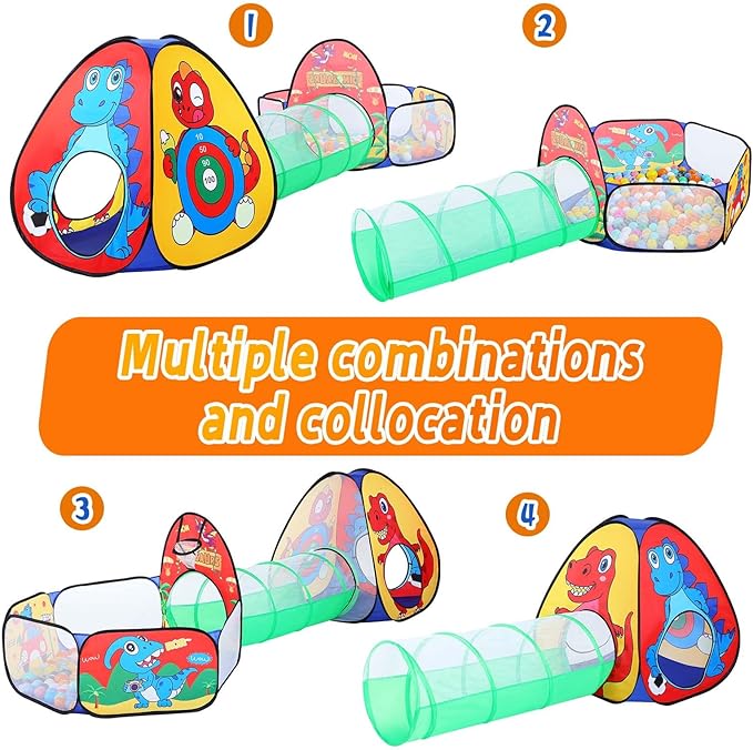 3pc Dinosaur Kids Play Tent with Tunnel and Ball Pit for Boys & Girls, Pop Up Playhouse Tent for Toddlers Indoor & Outdoor Use