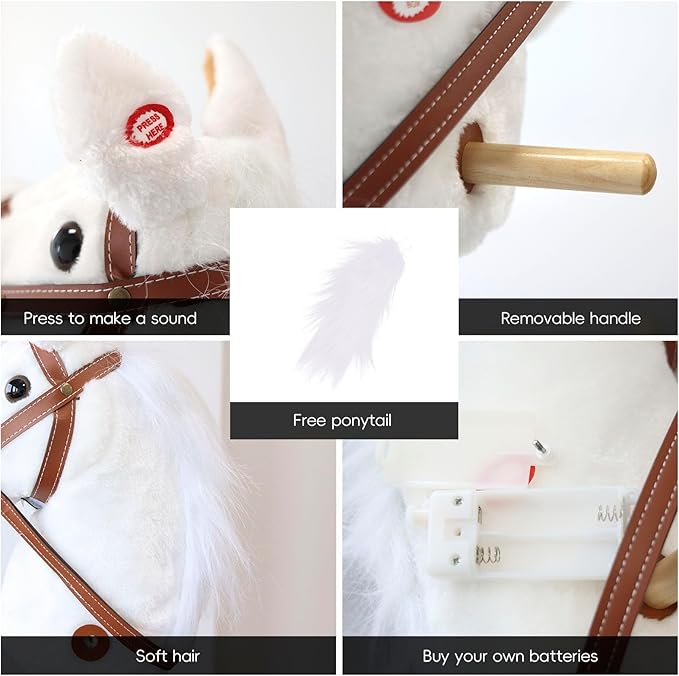 Plush Stick Horse with Wood Wheels Real Pony Neighing and Galloping Sounds Plush Toy, Stick Pony Provides Fun Pretend Play for Toddlers & Preschoolers (AA Batteries Required)