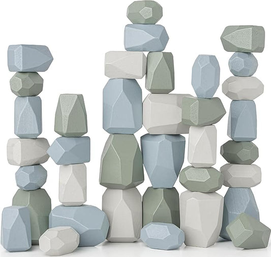 Comfy Cubs Stacking Rocks 36 Pieces, 36 Months+, Educational Toddler Stacking Blocks, Promotes Imagination, Balance & Fine Motor Skills - Wooden Rocks Sensory Toys Gift for Kid, Boy Pack