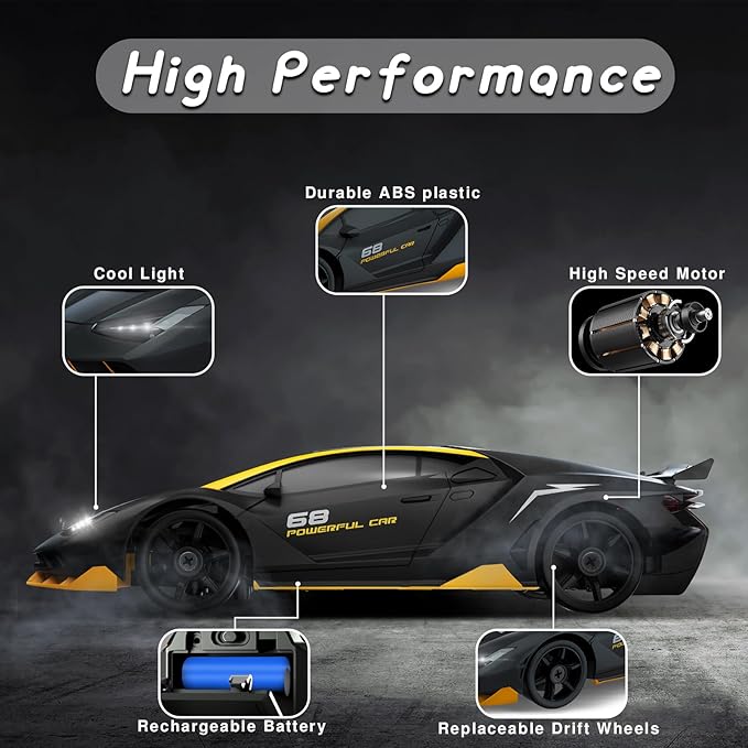 RC Drift Car, 1/24 Remote Control Car 4WD RC Cars for Kids, 2.4GHz Hobby Racing Car Toys Drifting RC Car with LED Light Rechargeable Battery and Drift Tires Toy Cars for Boys Black